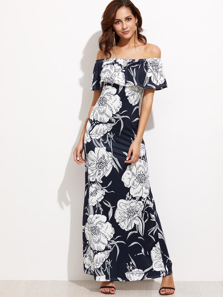 Shein Navy Floral Print Off The Shoulder Foldover Dress