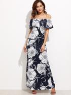 Shein Navy Floral Print Off The Shoulder Foldover Dress