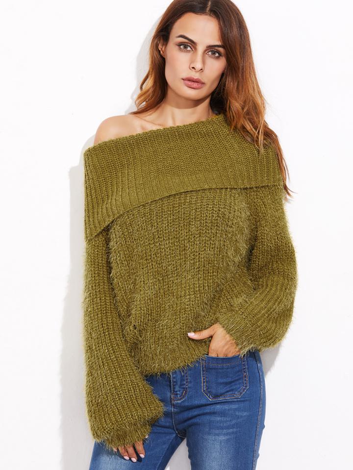 Shein Mustard Double Way Lantern Sleeve Fluffy Sweater