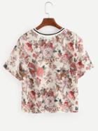 Shein Striped Neck Multicolor Flower Print T-shirt