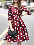 Shein Red Round Neck Length Sleeve Print Dress