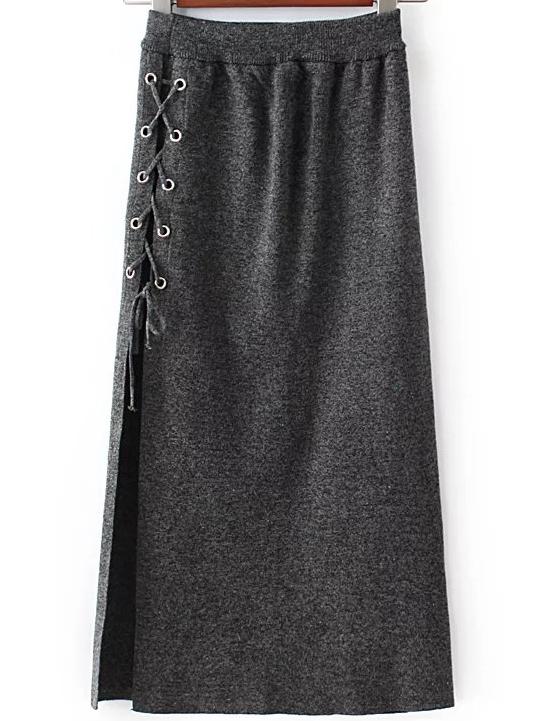 Shein Grey Eyelet Lace Up High Split Side Skirt