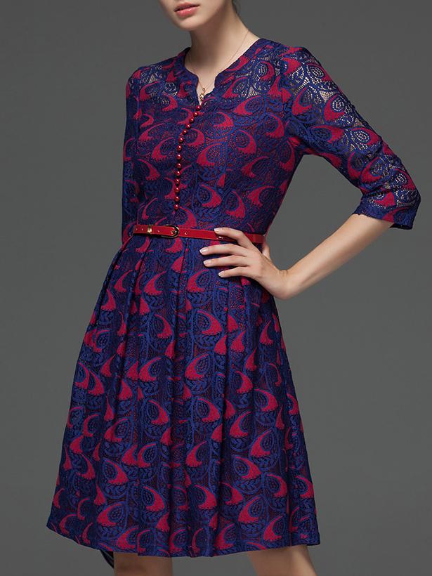 Shein Blue V Neck Belted Lace Dresss