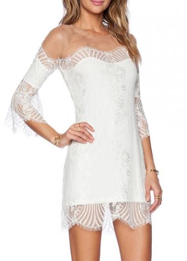 Rosewe Round Neck Solid White Lace Mini Dress