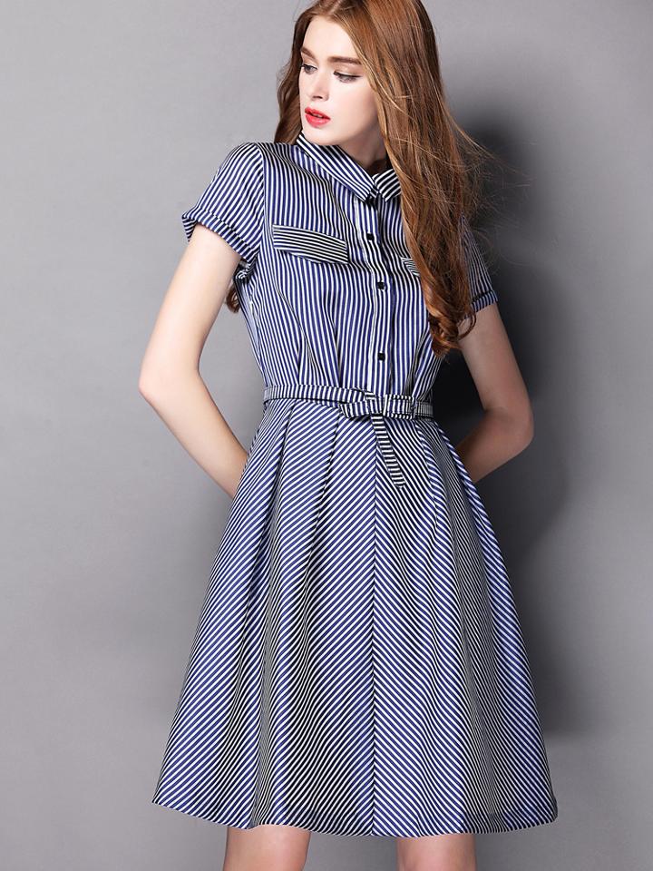 Shein Blue Lapel Short Sleeve Striped Print Drawstring Dress