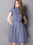 Shein Blue Lapel Short Sleeve Striped Print Drawstring Dress