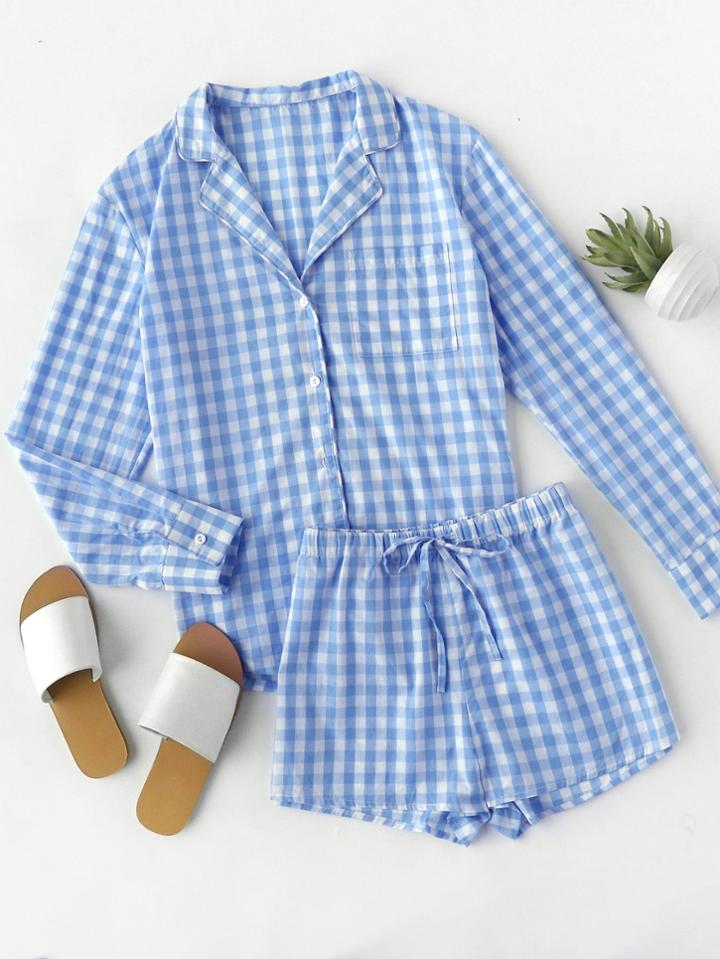 Shein Curved Hem Gingham Shirt And Shorts Pajama Set