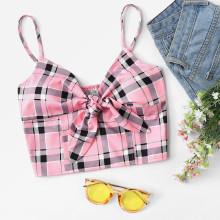 Shein Knot Front Shirred Back Plaid Cami Top