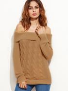 Shein Khaki Off The Shoulder Fold Over Cable Knit Sweater