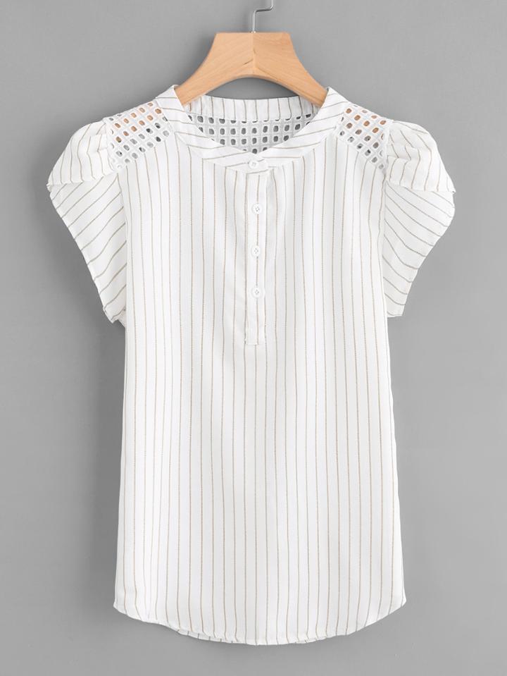 Shein Eyelet Embroidered Panel Petal Sleeve Striped Blouse