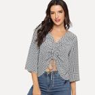 Shein Drawstring Front Plaid Top