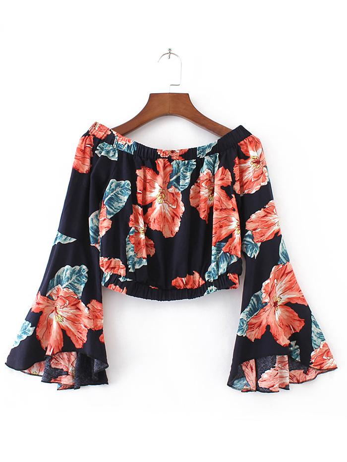 Shein Flower Print Fluted Sleeve Bardot Top