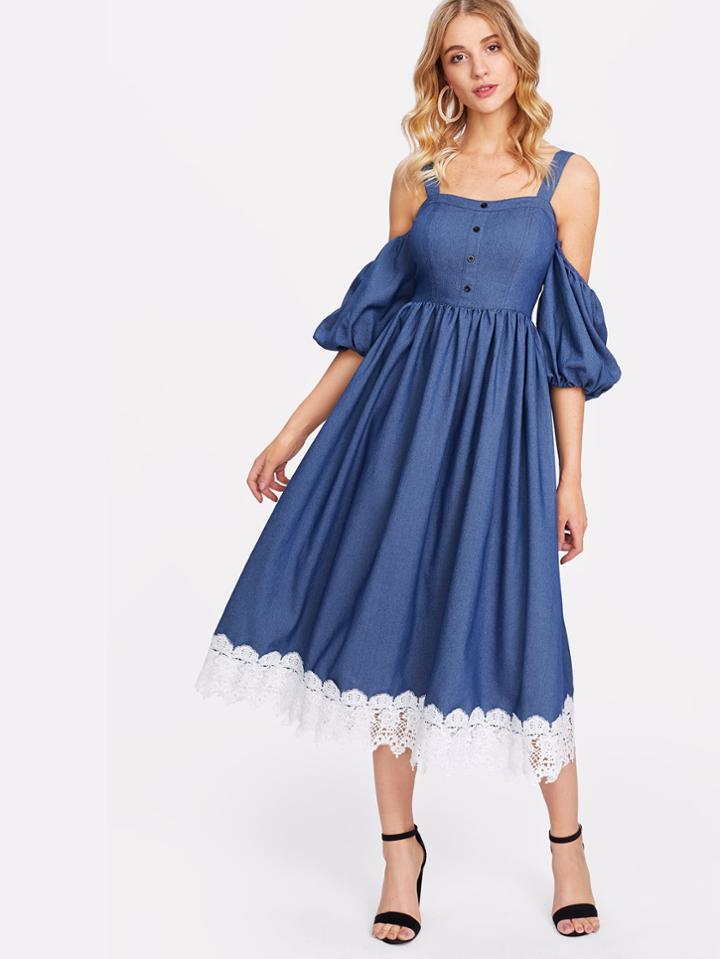 Shein Cold Shoulder Button Up Contrast Lace Hem Dress