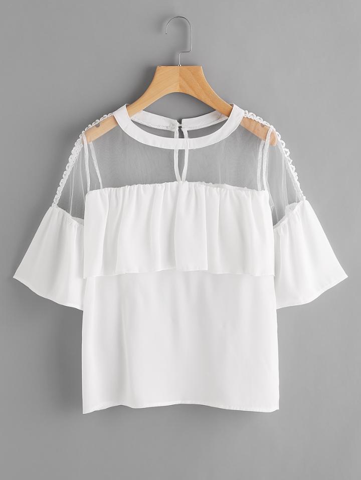 Shein Crochet Mesh Panel Frill Trim Keyhole Back Blouse