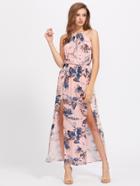 Shein Halterneck M Slit Floral Print Maxi Dress