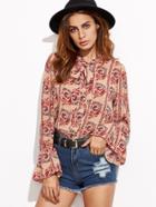 Shein Pink Vintage Print Tie Neck Bell Cuff Blouse