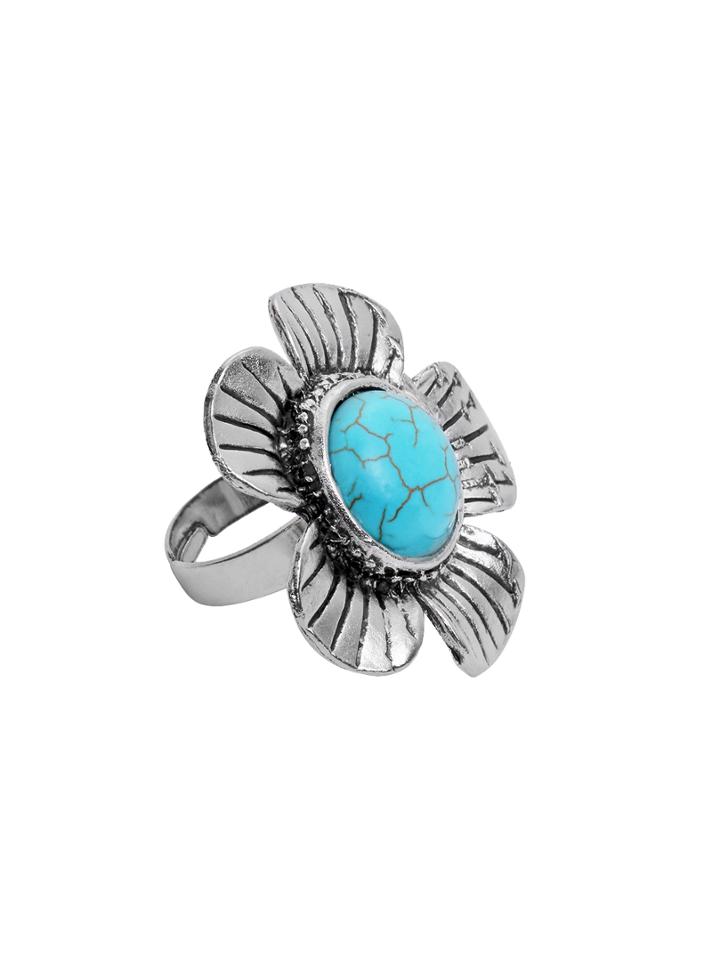 Shein Antique Silver Turquoise Embellished Flower Shape Ring