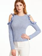 Shein Marled Ribbed Knit Open Shoulder Ruffle Tee