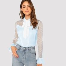 Shein Tie Neck Dot Sheer Yoke Lace Applique Blouse