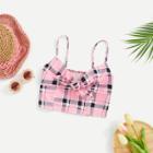 Shein Girls Knot Front Shirred Back Plaid Cami Top