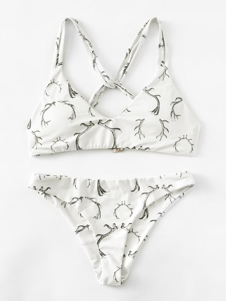 Shein Graphic Print Twist Strap Bikini Set