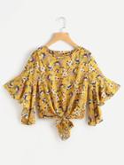 Shein Strappy Neckline Calico Print Bell Sleeve Tie Front Top