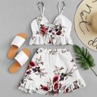 Shein Drawstring Front Floral Print Ruffle Cami Top With Shorts