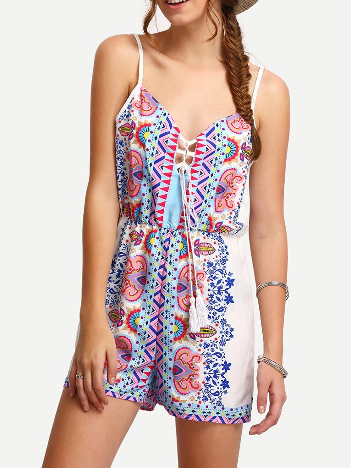 Shein Spaghetti Strap Print Lace Up Romper