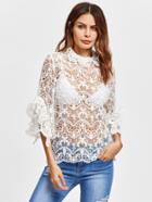 Shein Frill Detail Crochet Insert Embroidered Mesh Top