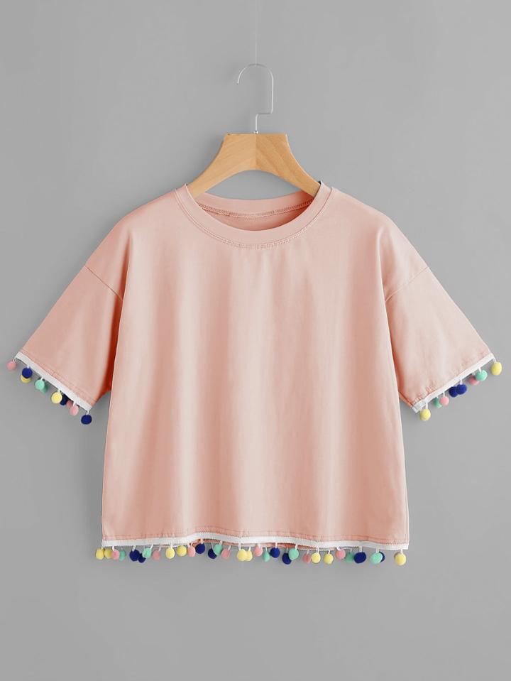 Shein Contrast Pom Pom Trim Tee