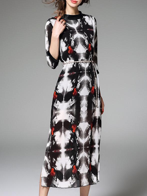 Shein Black Belted Split Print Pleated Elastic Dress