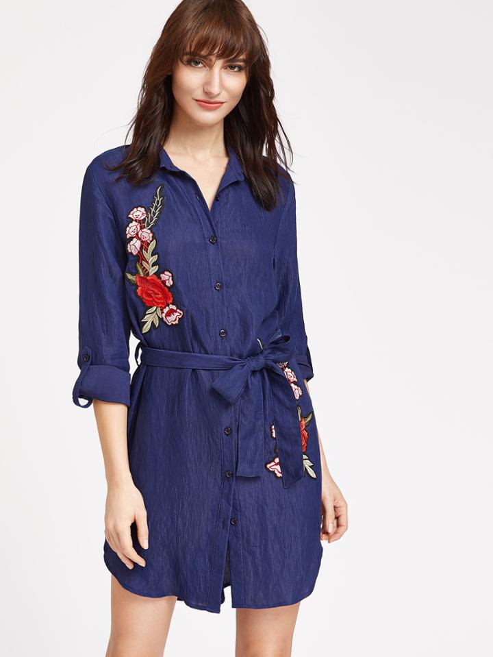 Shein Rose Patch Detail Belted Shirt Dress