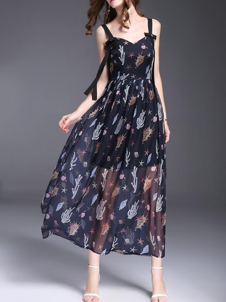 Shein Strap Backless Print A-line Dress