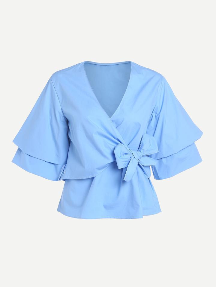 Shein Layered Sleeve Bow Front Surplice Wrap Top