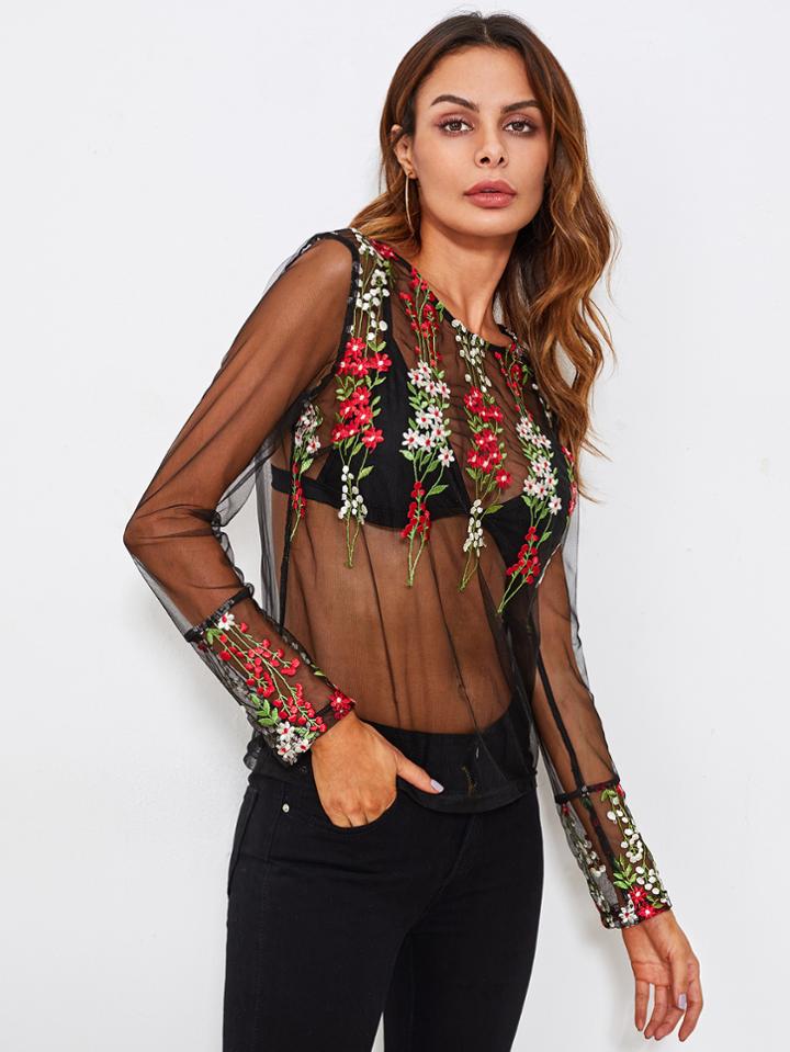 Shein Botanical Embroidery Mesh Transparent Top