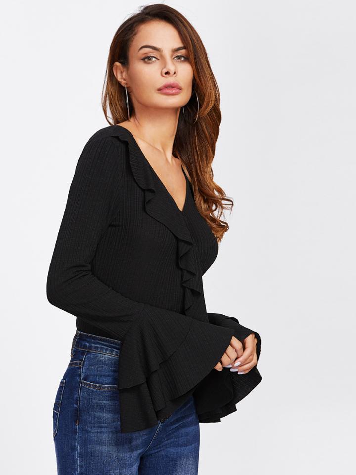 Shein Flounce Trim Layered Bell Sleeve Ribbed Tee