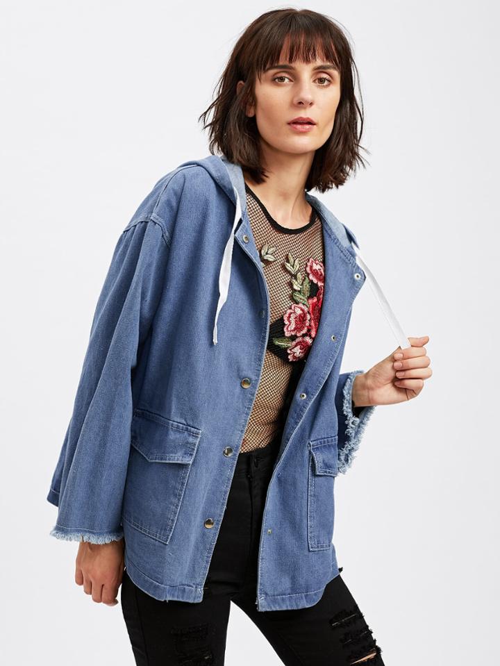 Shein Frayed Hem Drop Shoulder Denim Jacket