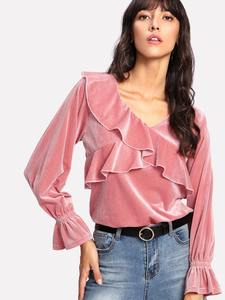 Shein Ruffle Sleeve Velvet Tee
