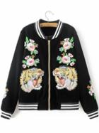 Shein Black Tiger Embroidery Contrast Trim Velvet Jacket