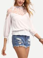 Shein Embroidery Sheer Shoulder Peplum Blouse - White