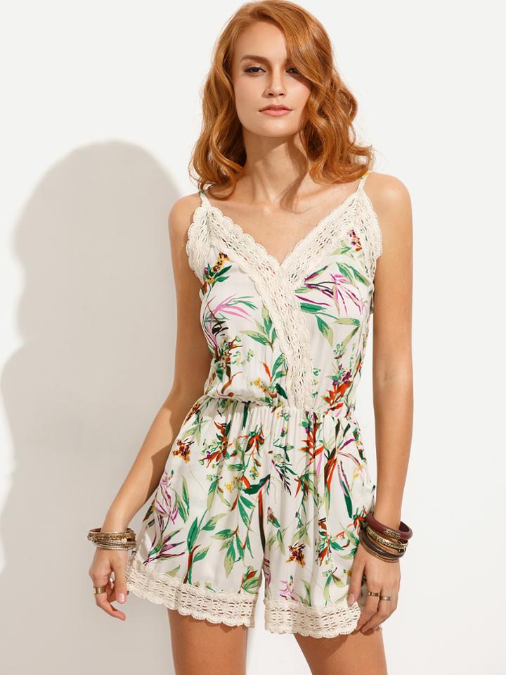Shein White Crochet Trim Botanical Print Cami Romper
