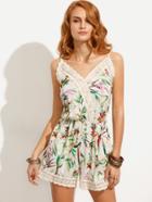 Shein White Crochet Trim Botanical Print Cami Romper