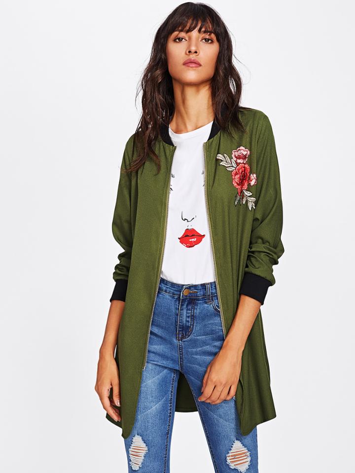 Shein Embroidery Patch Slit Longline Bomber Jacket