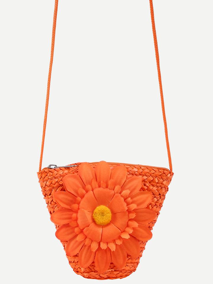 Shein Orange Flower Embellished Straw Crossbody Bag