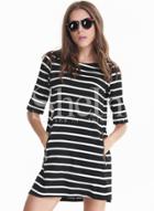 Shein Black White Monochrome Half Sleeve Striped Pockets Dress