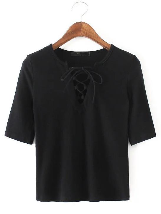 Shein Black Lace Up Tight T-shirt