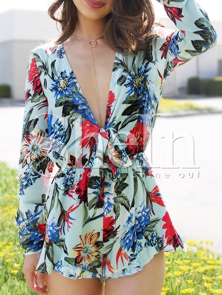 Shein Multicolor Plunge V-neck Floral Print Romper