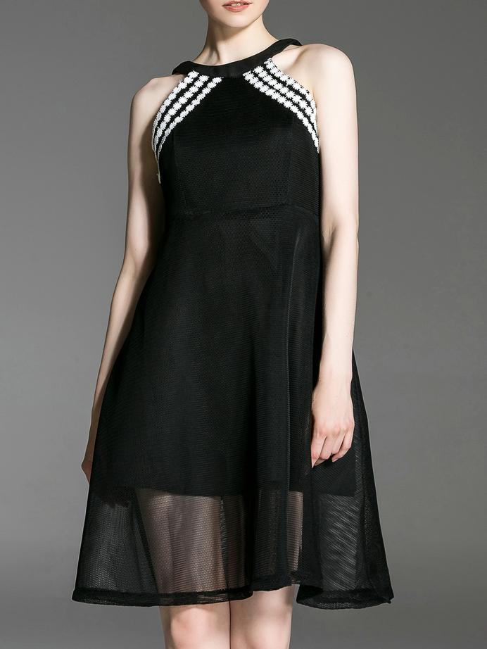 Shein Black Halter Backless Embroidered Dress