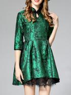 Shein Green Hollow Jacquard Contrast Lace High Low Dress