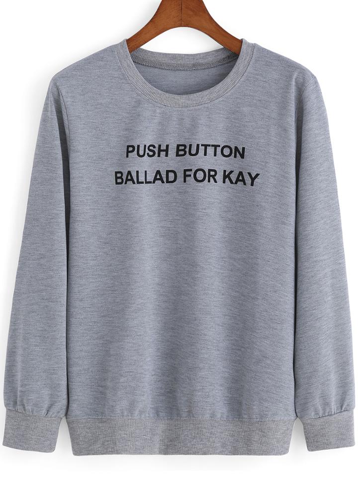 Shein Grey Round Neck Letters Print Loose Sweatshirt